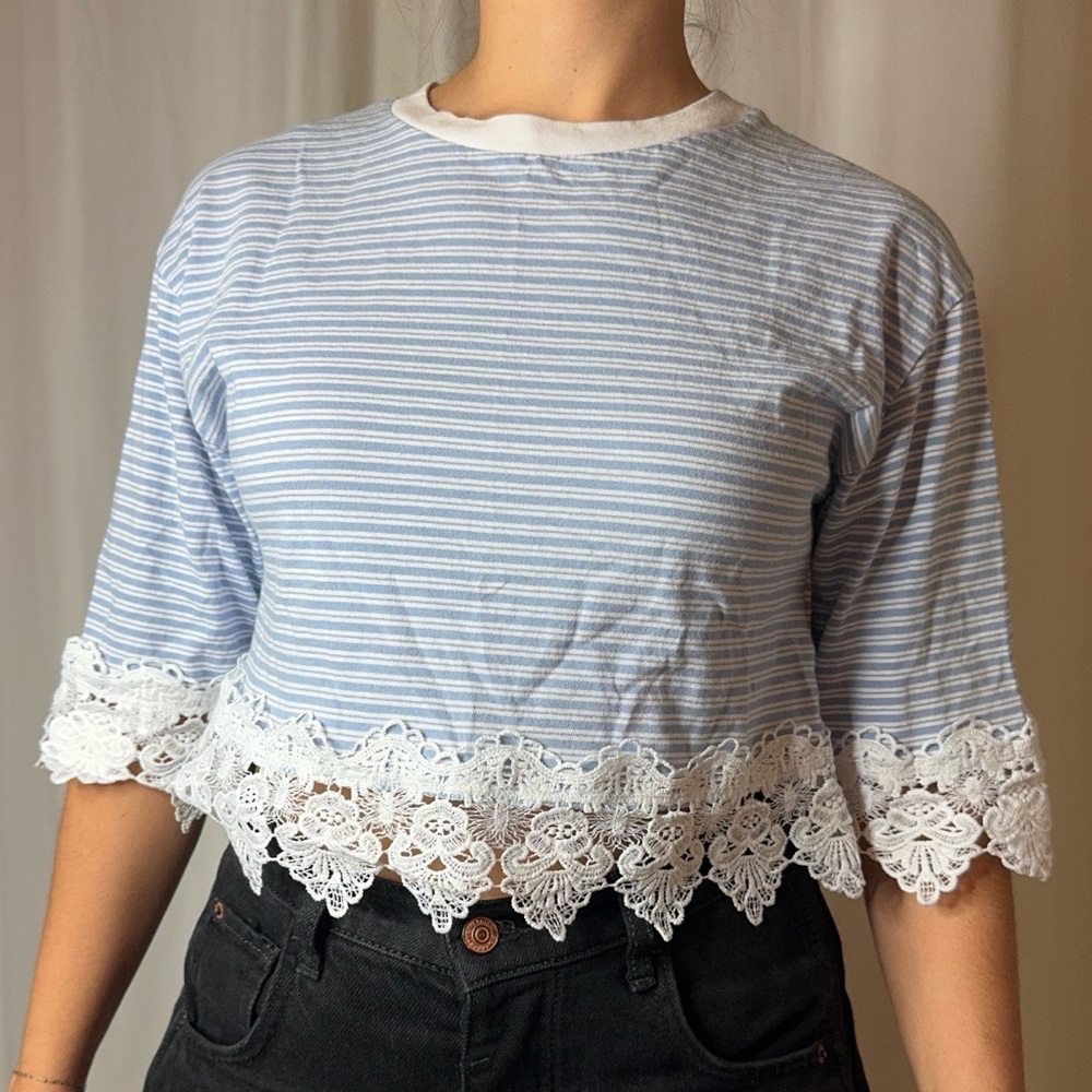 Topshop Blue and White Striped Crop Top with Lace Trim